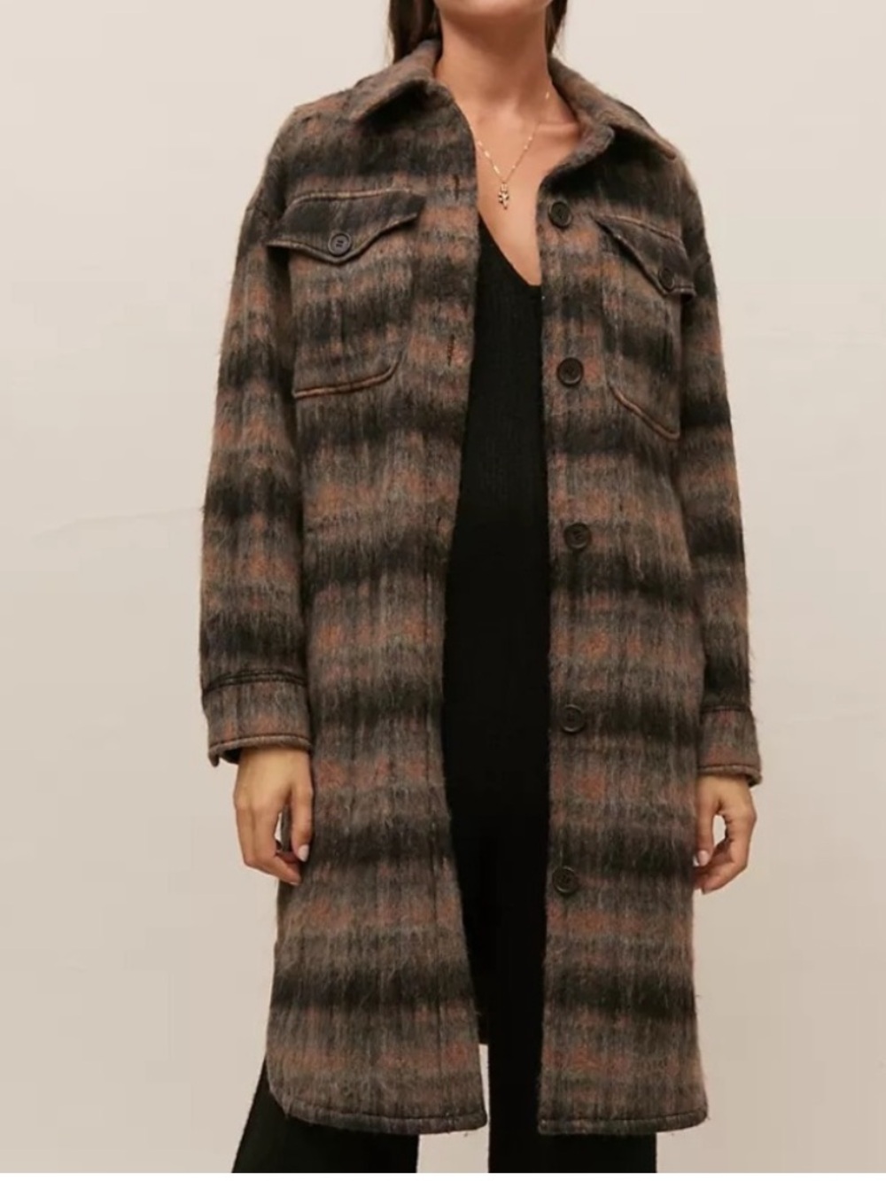 7 For All Mankind Brushed Plaid Long Shacket in Brown and Black